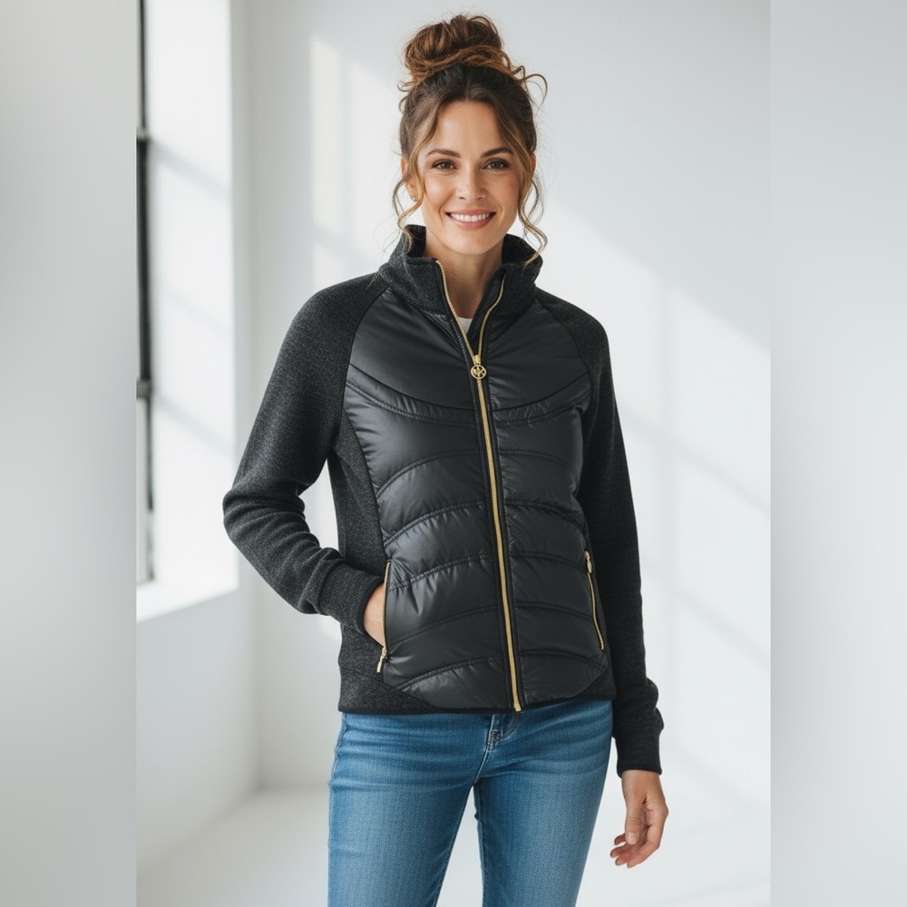 Michael Kors Black brown Hi low down Puffer Jacket with Gold MK Accents - Picture 3 of 16